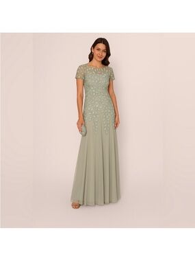 Adrianna Papell Sage Green Beaded Mesh Gown SZ 16 Formal Evening Maxi Dress MOB